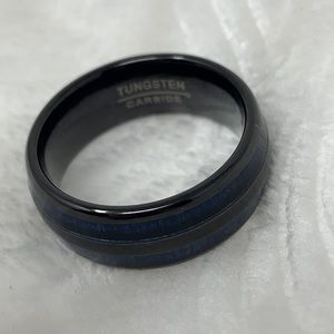 Tungsten Carbide Ring Blue Wood Inlay Black Band Wedding Ring size 8.5 unisex
